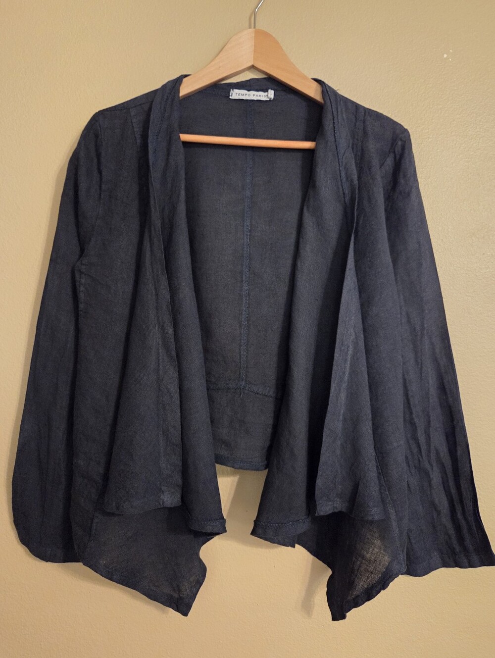 TEMPO PARIS Navy Blue Linen Waterfall Drape Open Front Asymetrical Cardigan SZ L